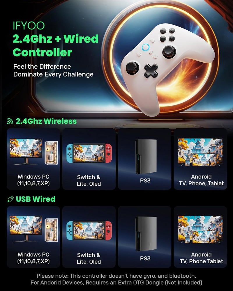 IFYOO N1 2.4G Wireless Gaming Controller, Hall Effect Trigger and Joystick, for PC Computer Laptop (Win 11/10/8/7), Steam, Android, PS3, Switch(No Gyro), Wired Game Controller Dual-Mode Gamepad - Image 2